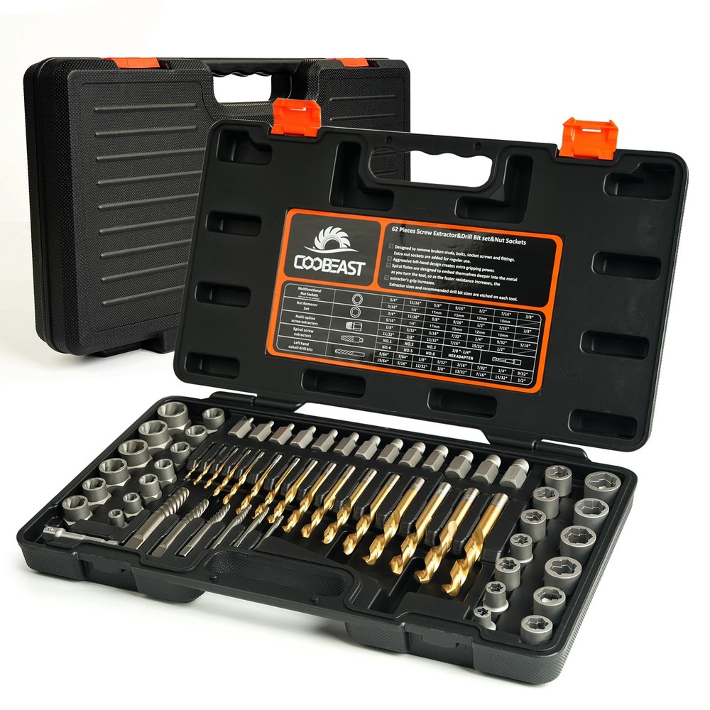 Coobeast 62Pcs Screw Extractor Set with Left Hand Drill Bit, 62PCS, Black