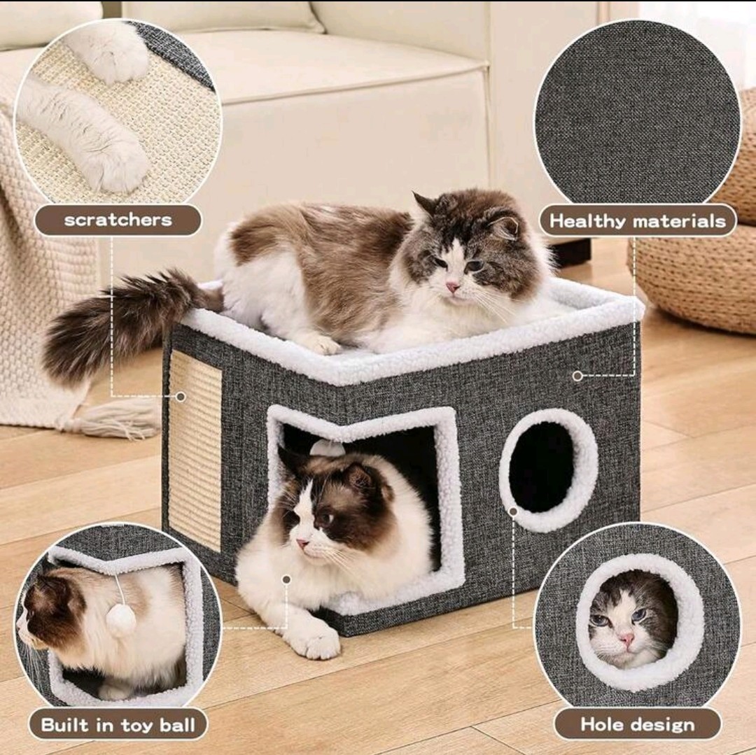 Cat Bed for Indoor Cats, Large Covered Cat House with Scratch Pad, Foldable Cat
