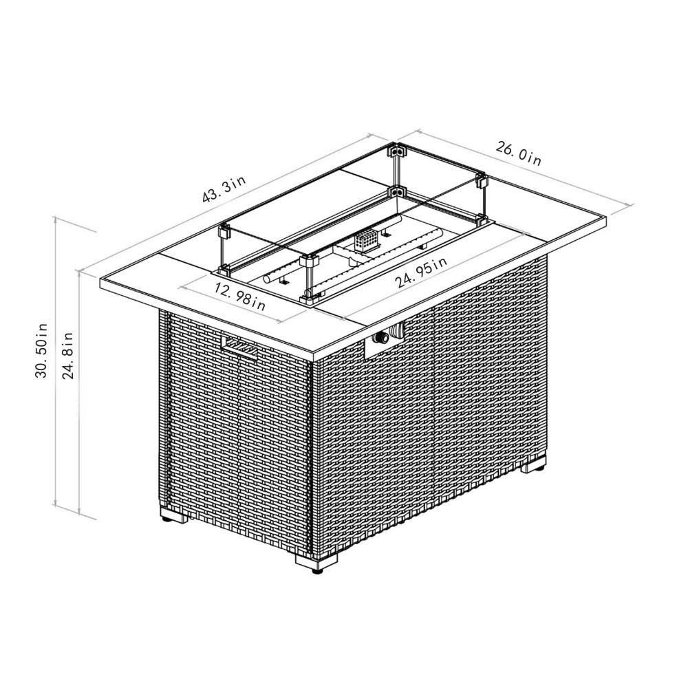 44" Rectangular Propane Fire Pit Table 50,000 BTU, Tile Top & Wicker Base Brown