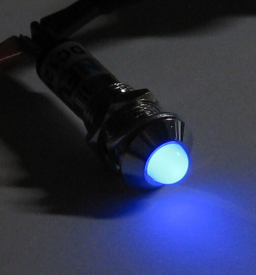 Panel Mount LED - Blue - Chrome Case - 12V DC - 8mm Mounting - Lockwasher / Nut