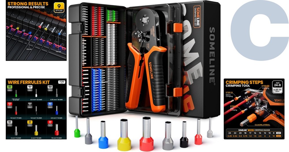 Versatile Electrical Crimping Tool Kit with Tinned Copper Ferrules - 9 Sizes