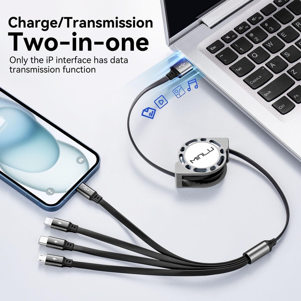 MINLU Multi Charging Cable 4A, 2Pack 4Ft Retractable Fast 4ft, Gray