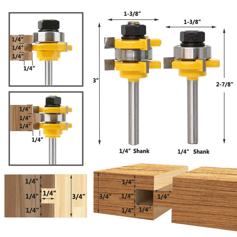 2Pcs 1/4 Shank Tongue and Groove Router Bit Set 3T T-Shape Wood Milling Cutter