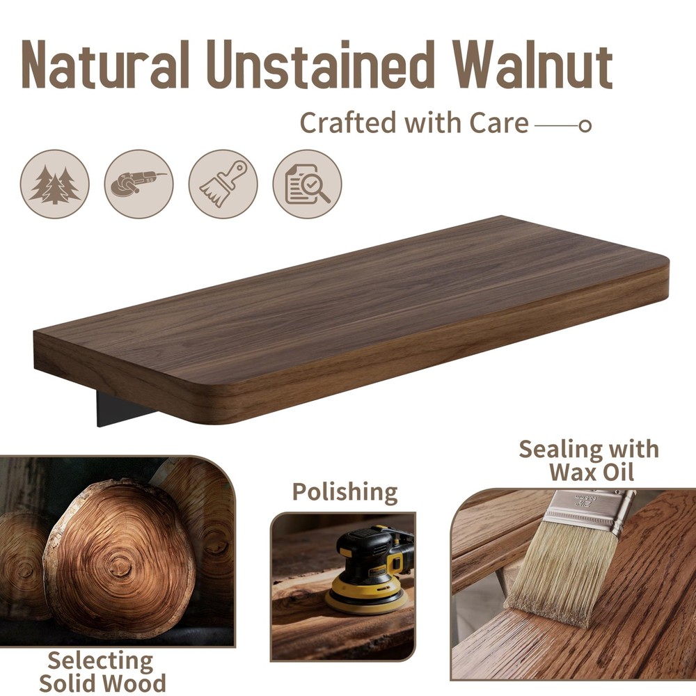 12 inch Solid Walnut Floating Shelf - Versatile Wall Shelf for Kitchen, Bathr...
