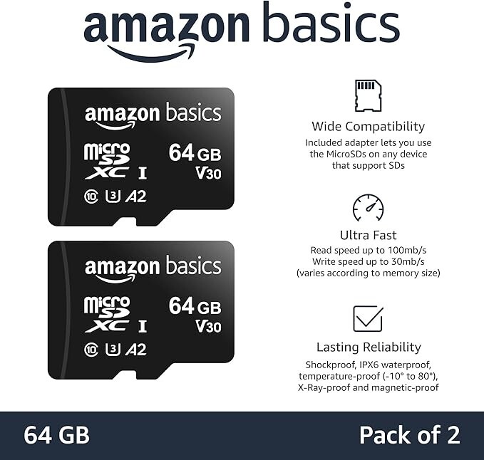2 Amazon Basics MicroSD cards Class 10 - 64GB Memory Cards