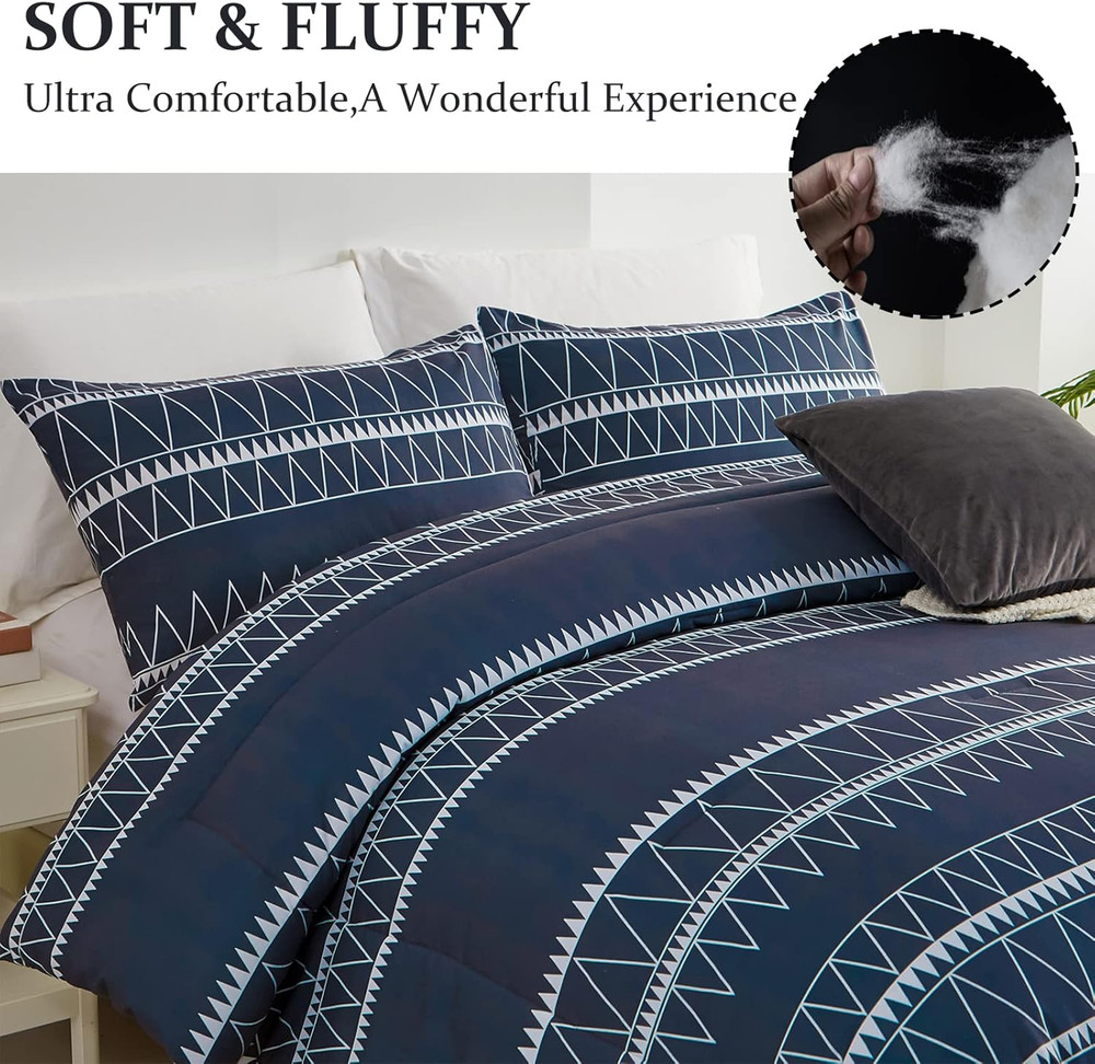 Navy Blue Comforter Set Queen, Reversible Boho Triangle down Alternative Comfort