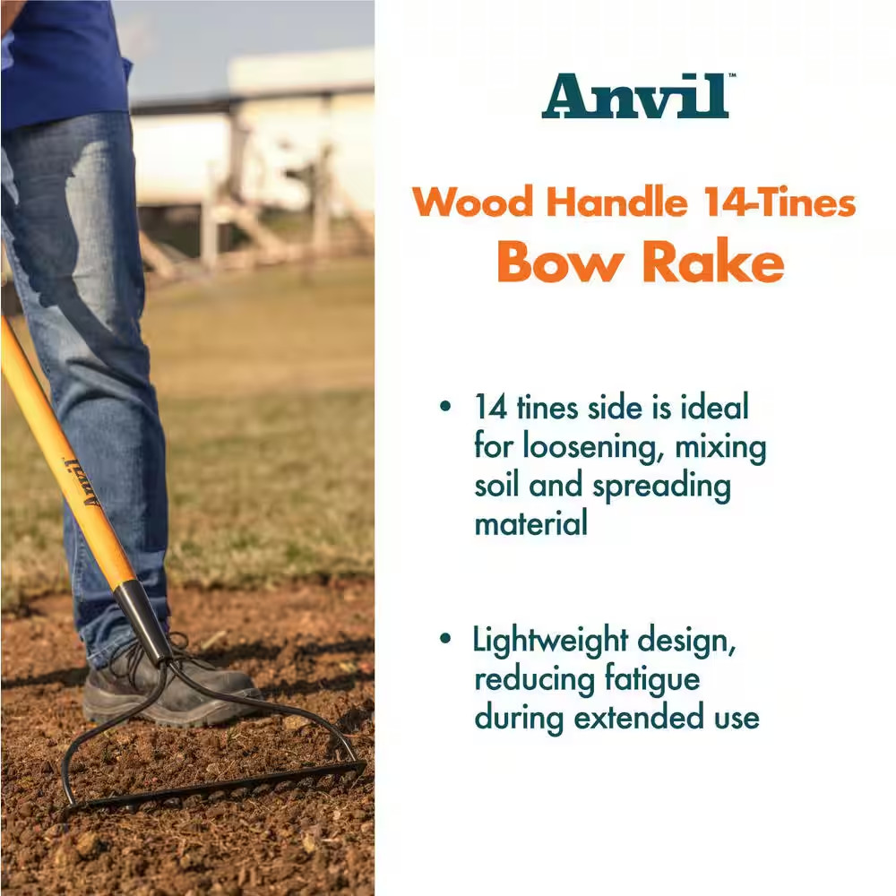 47 In. L Wood Handle 14-Tines Garden Bow Rake