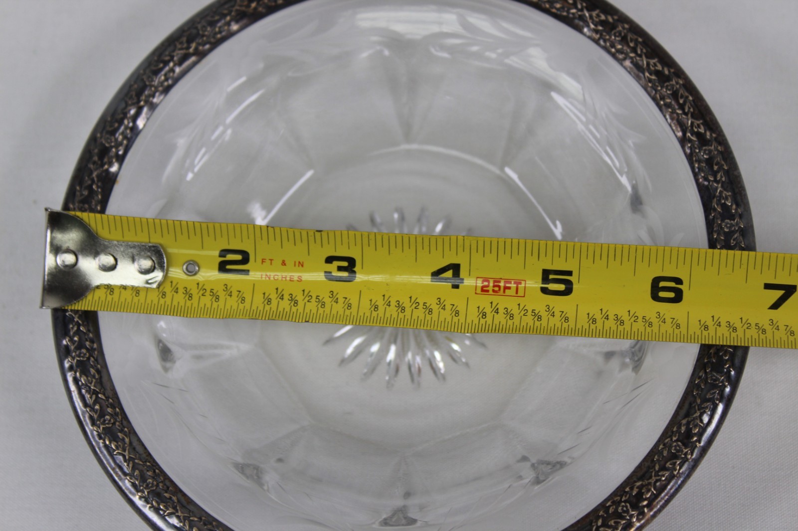 VTG Cut Glass with Sterling Silver Rim Bowl Berry and Leaves Pattern 6 1/2 inch