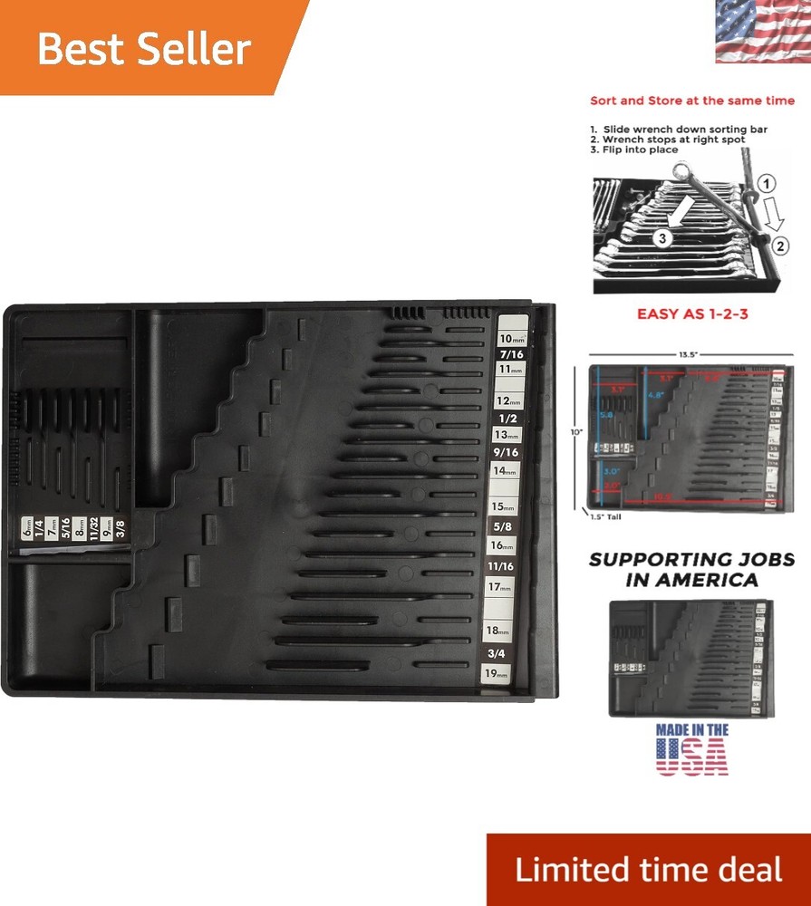 Black Rectangular Wrench Organizer - Efficient Tool Sorting for Professionals