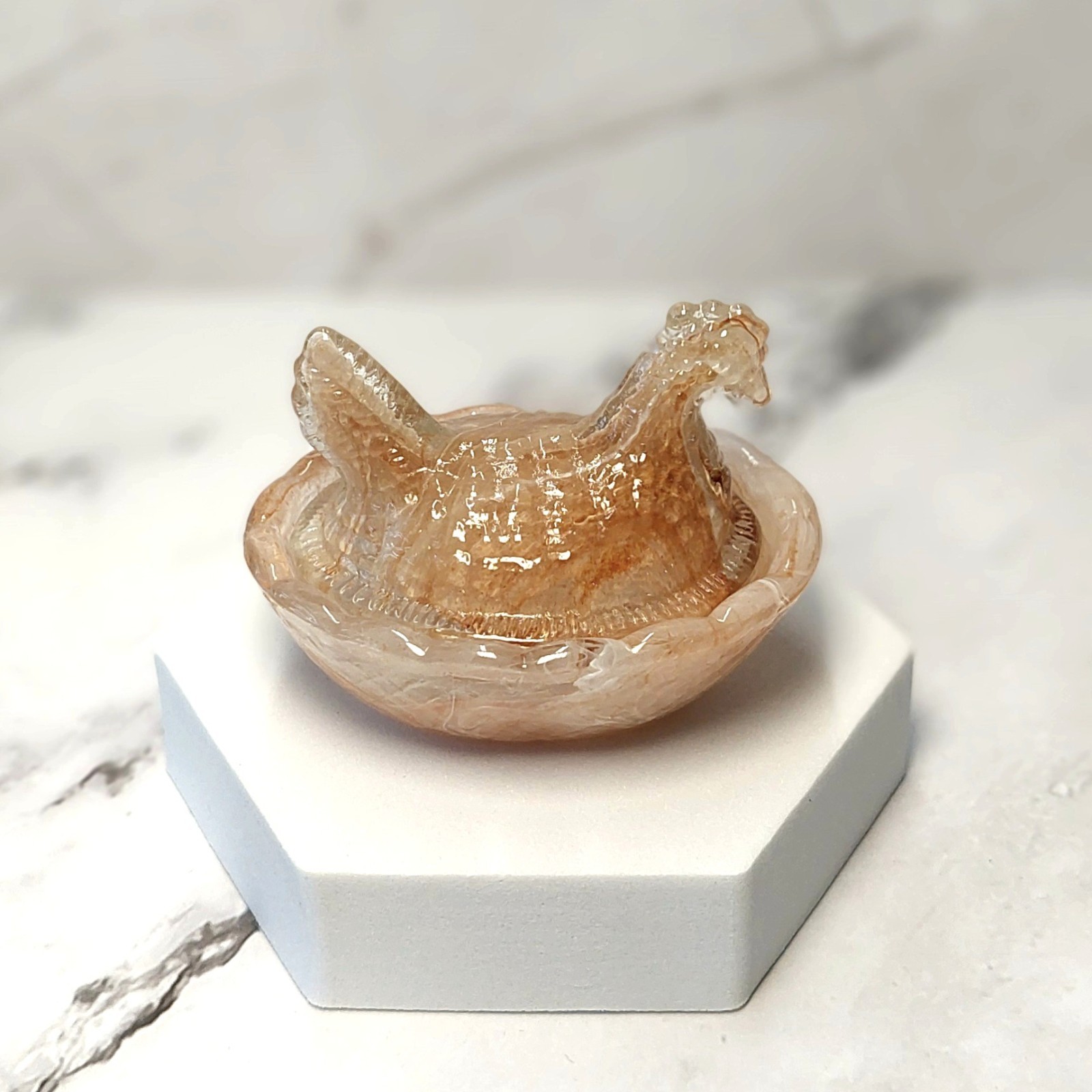 Chocolate Swirl Hen on Nest Chicken Salt Dish, Depression Style Glass, VTG Style