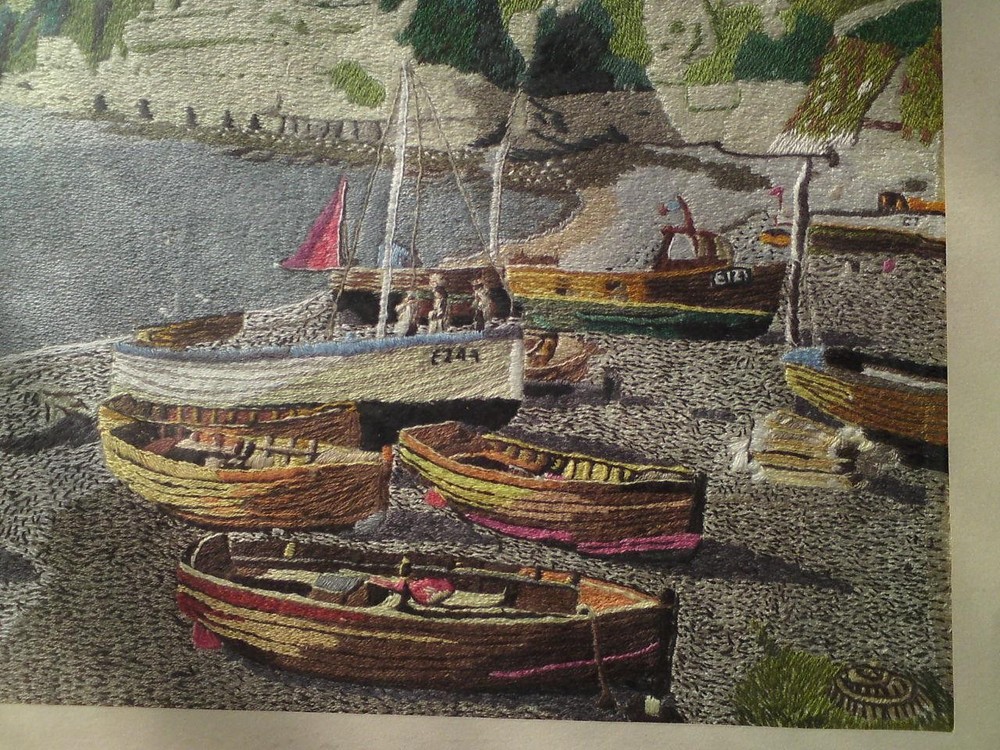 Framed Embroidery Needlework / Wool-work Picture - Beer Harbour, Seaton Devon