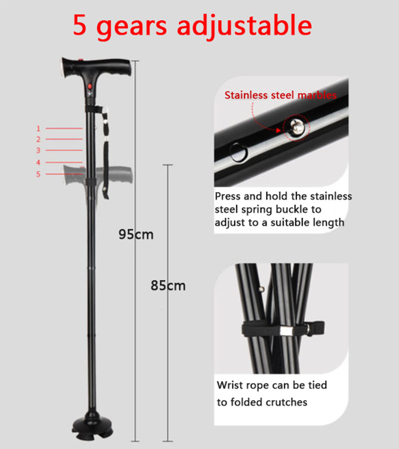 Folding Adjustable Walking Stick Cane with LED Torch & Alarm button Strap Handle