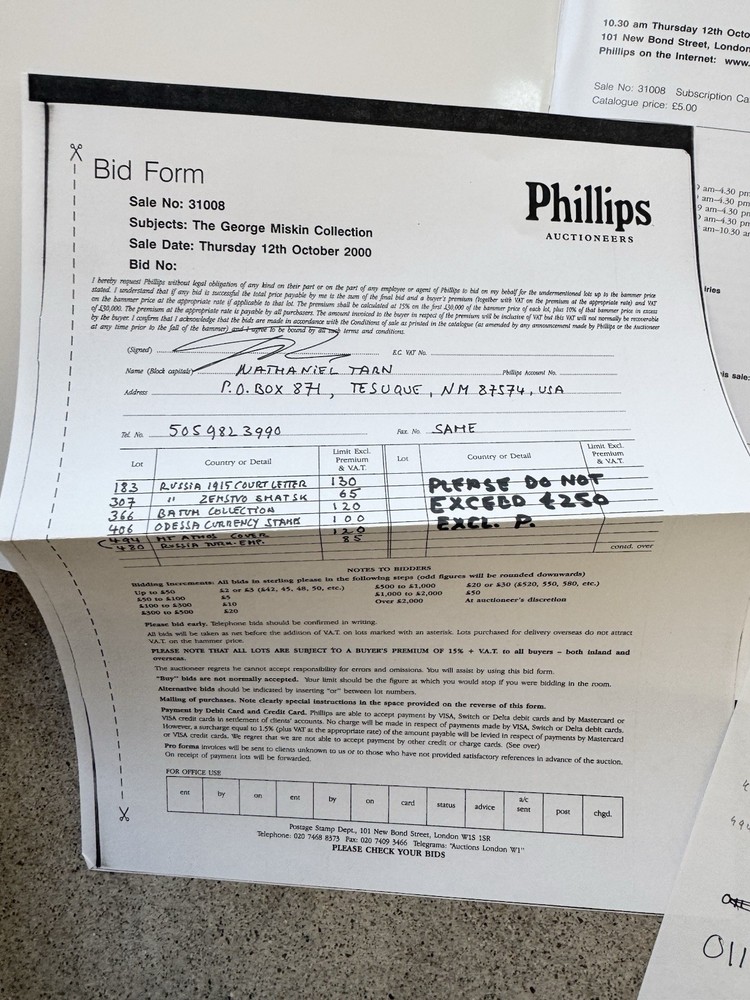 George Miskin Russian Stamps Postal History Phillips Auction Catalog 2000 Tarn