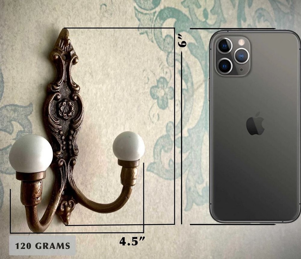 Old Bath Robe Coat Hook Hall Mirror Fancy Decorated Solid Brass Porcelain Knobs