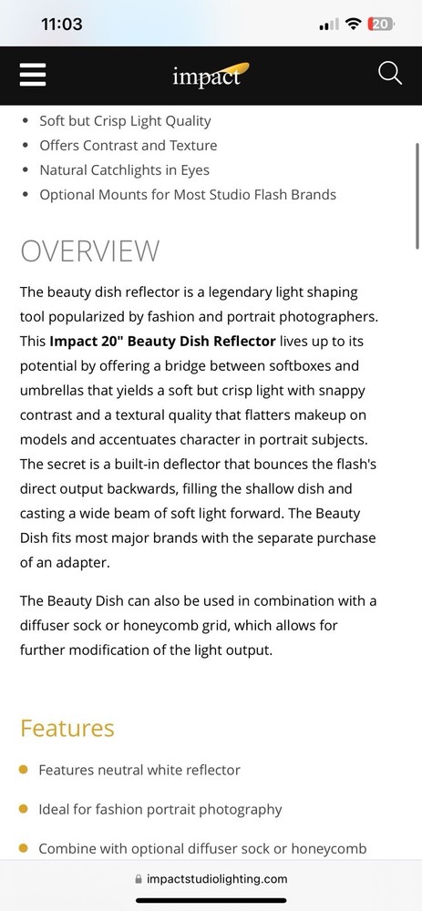 Impact 20 Beauty Dish Reflector