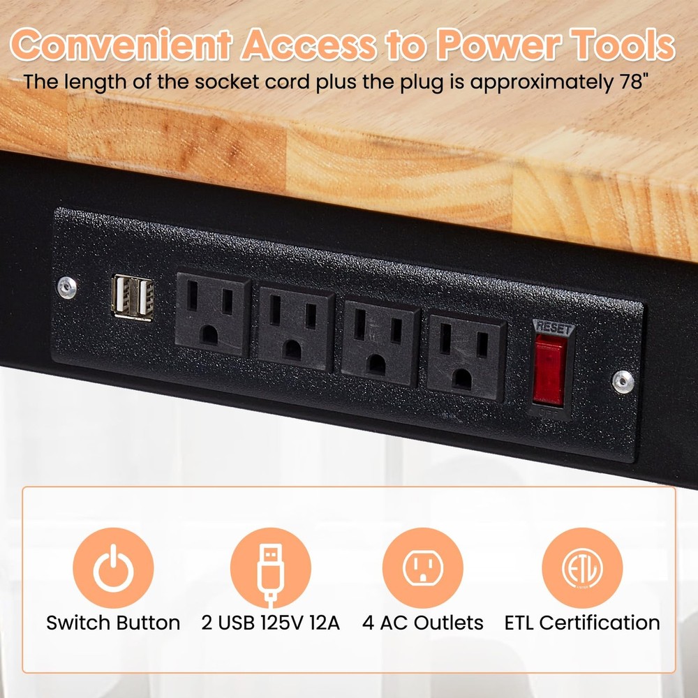 48'' Adjustable Workbench&Pegboard Power Outlets Heavy Duty Work Table,Garage