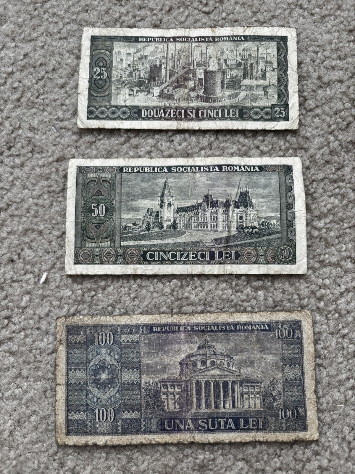 Romania 1966- 25, 50 And 100 Lei Banknote Set