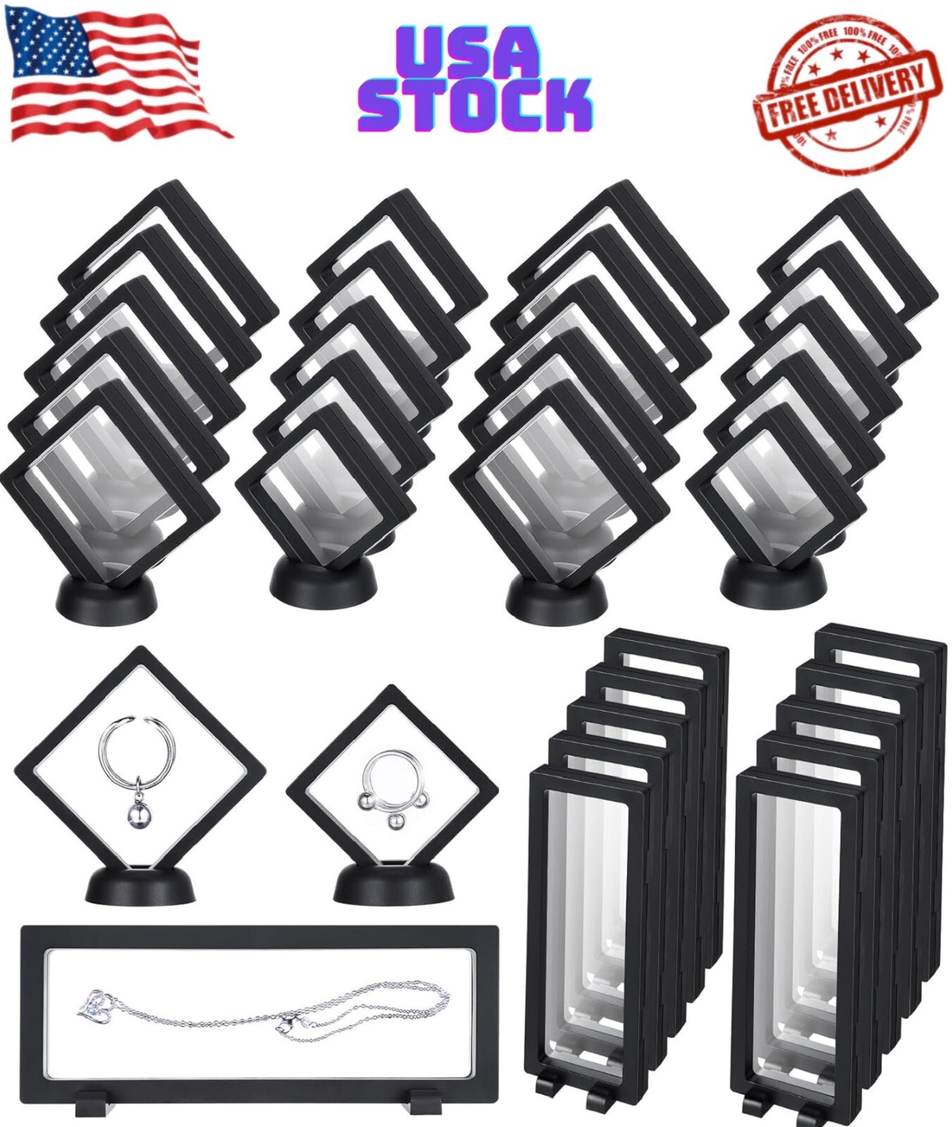 30 Pack 3D Floating Display Stand Frame Case Coin Holder with Base Transparent