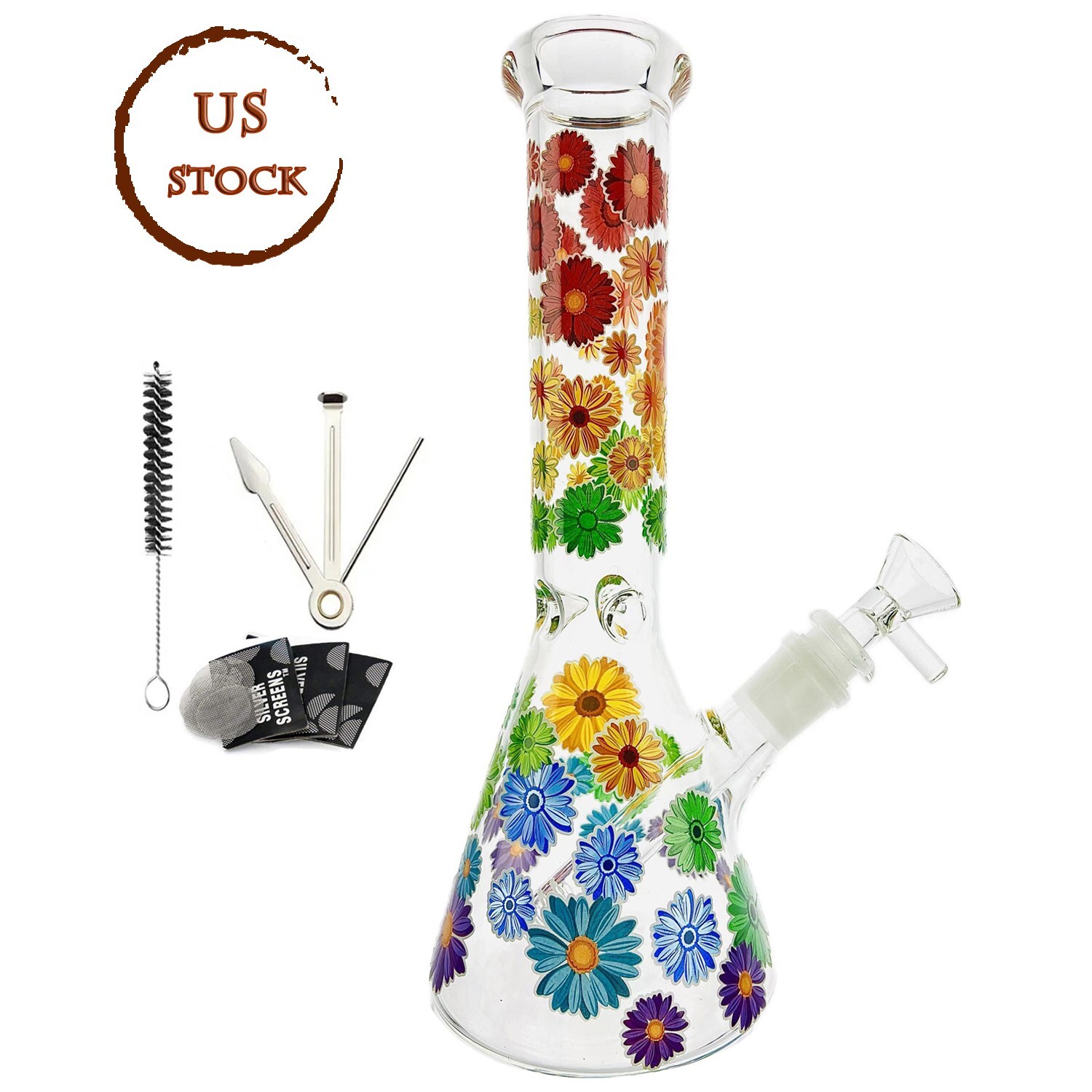 10" Heavy Glass Bong Smoking Hookah Water Pipe Colorful Floral Beaker 14mm Bowl