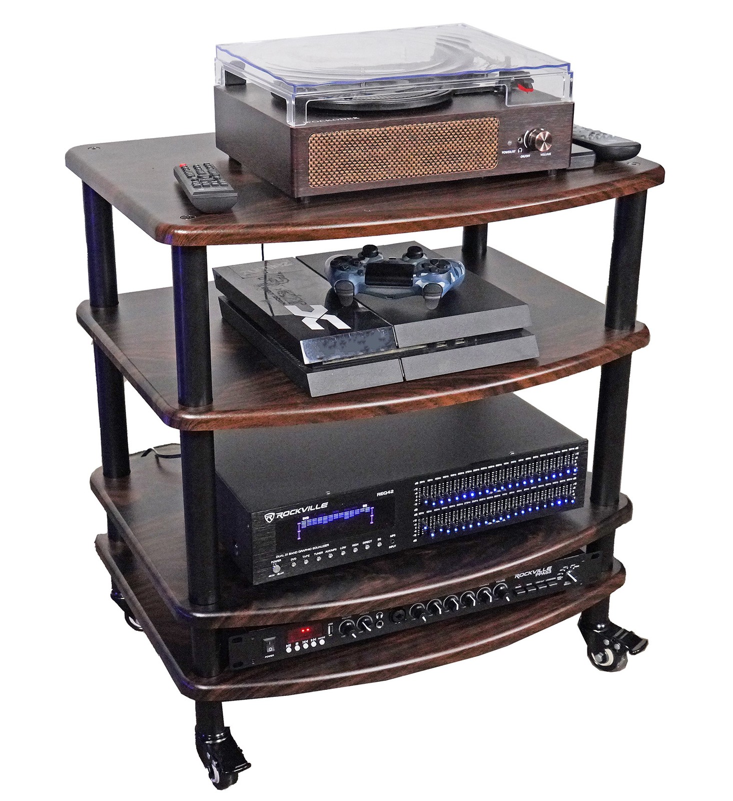 Rockville FLX Dark Wood Adjustable Height 4 Shelf Home Theater Audio Rack Stand