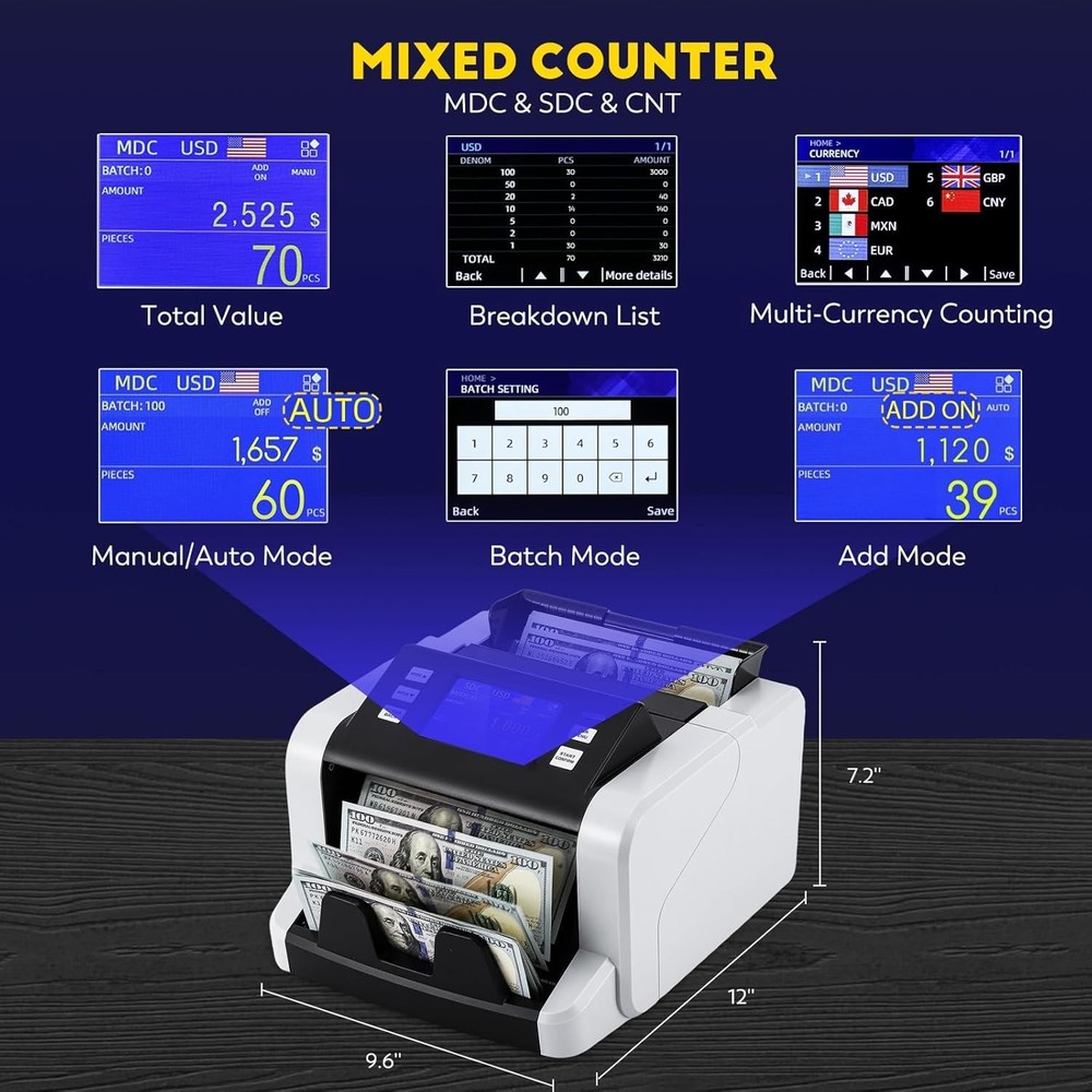 Mixed Denomination Money Counter Machine, Touchscreen Value Counter, 1500Bill...