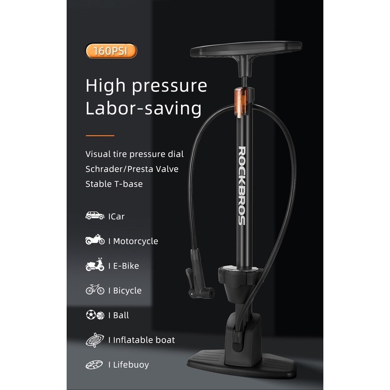 ROCKBROS Bike Pump High Pressure 160Psi Schrader Presta Valve Barometer Inflator