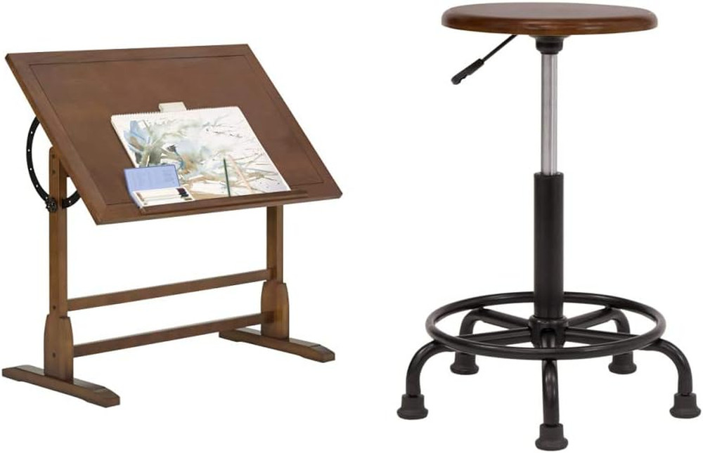 Vintage Drafting Table & Retro Stool Bundle | Solid Wood Craft Set