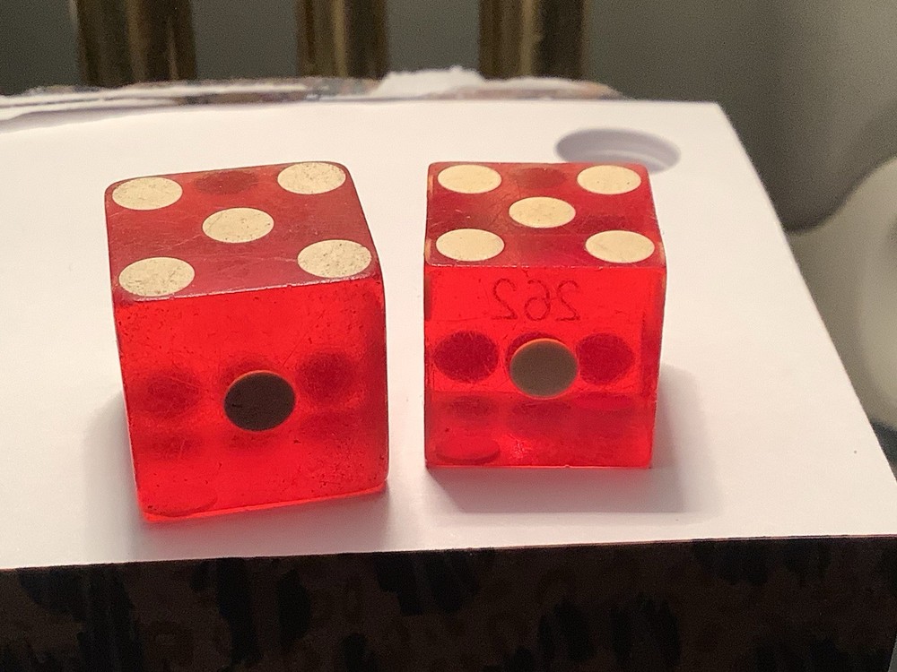 Vintage precision engraved dice, translucent red, sharp-edge, serial numbered