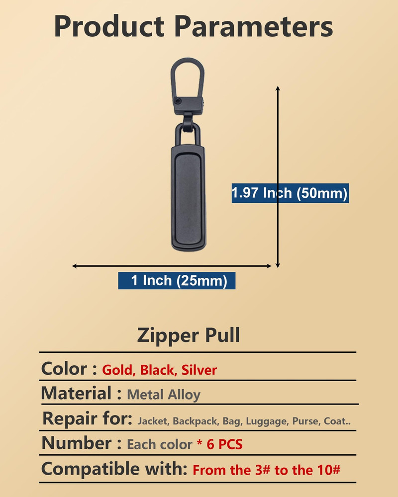 6 Pack Zipper Pull Replacement Detachable Zipper Pull Tabs for Jackets Luggage