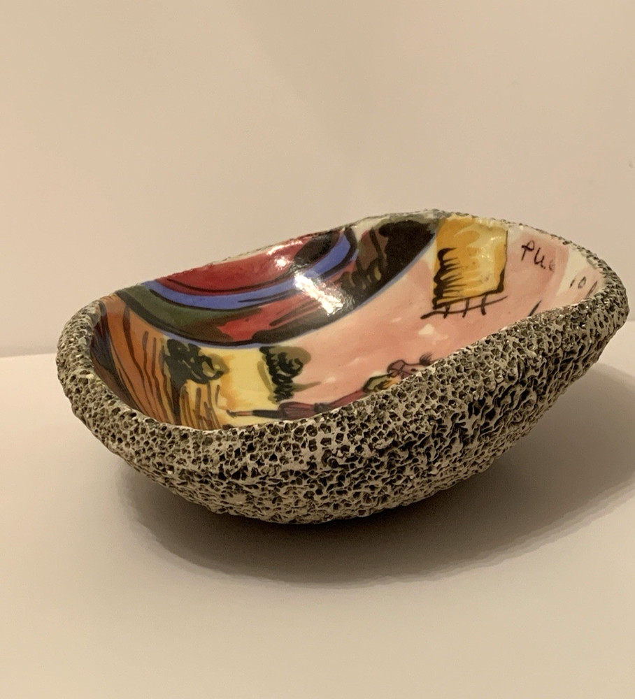 Sponge Textured Studio Pottery Dish Freeform Painted Glazed Signed Tarrega