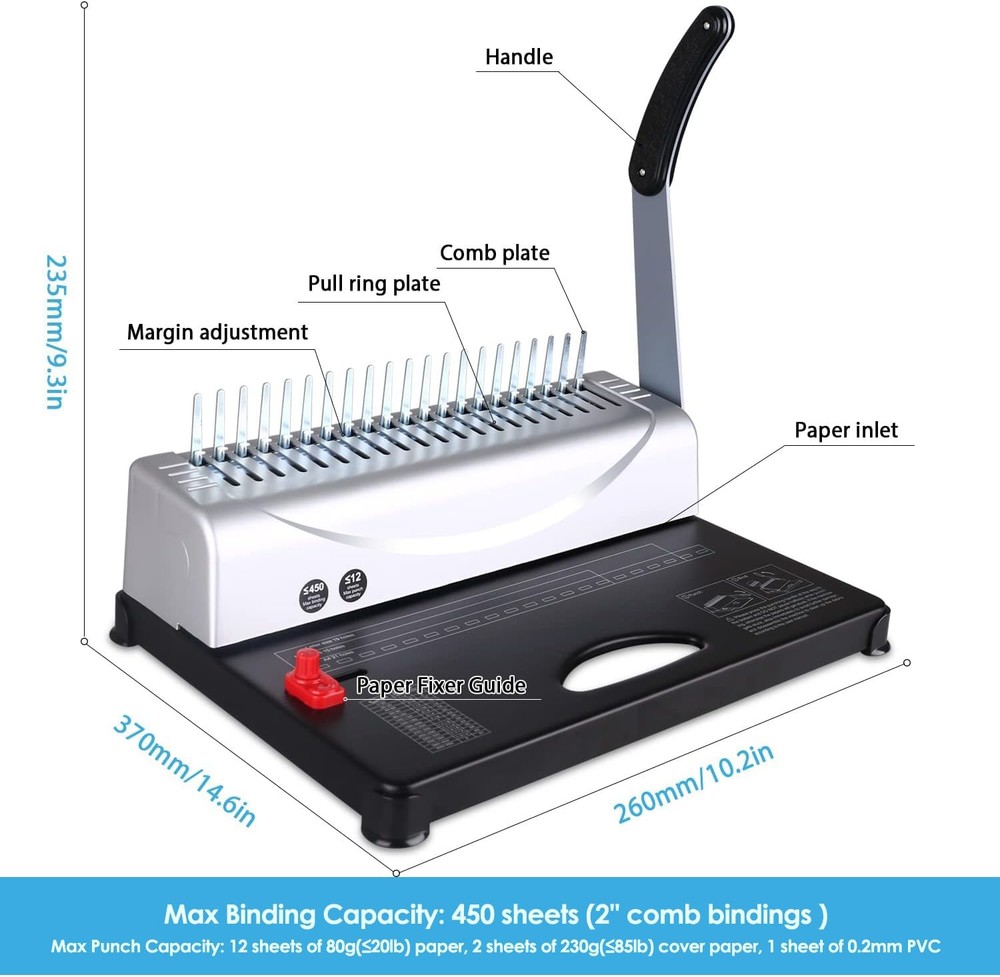Binding Machine, 21-Hole, 450 Sheets, Comb Binding Machines with 1 Box Comb B...