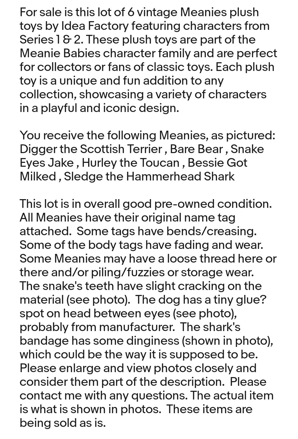 Vintage 90s Meanies Plush Lot 6 - Series 1 & 2 With Tags DIGGER Snake Eyes BEAR