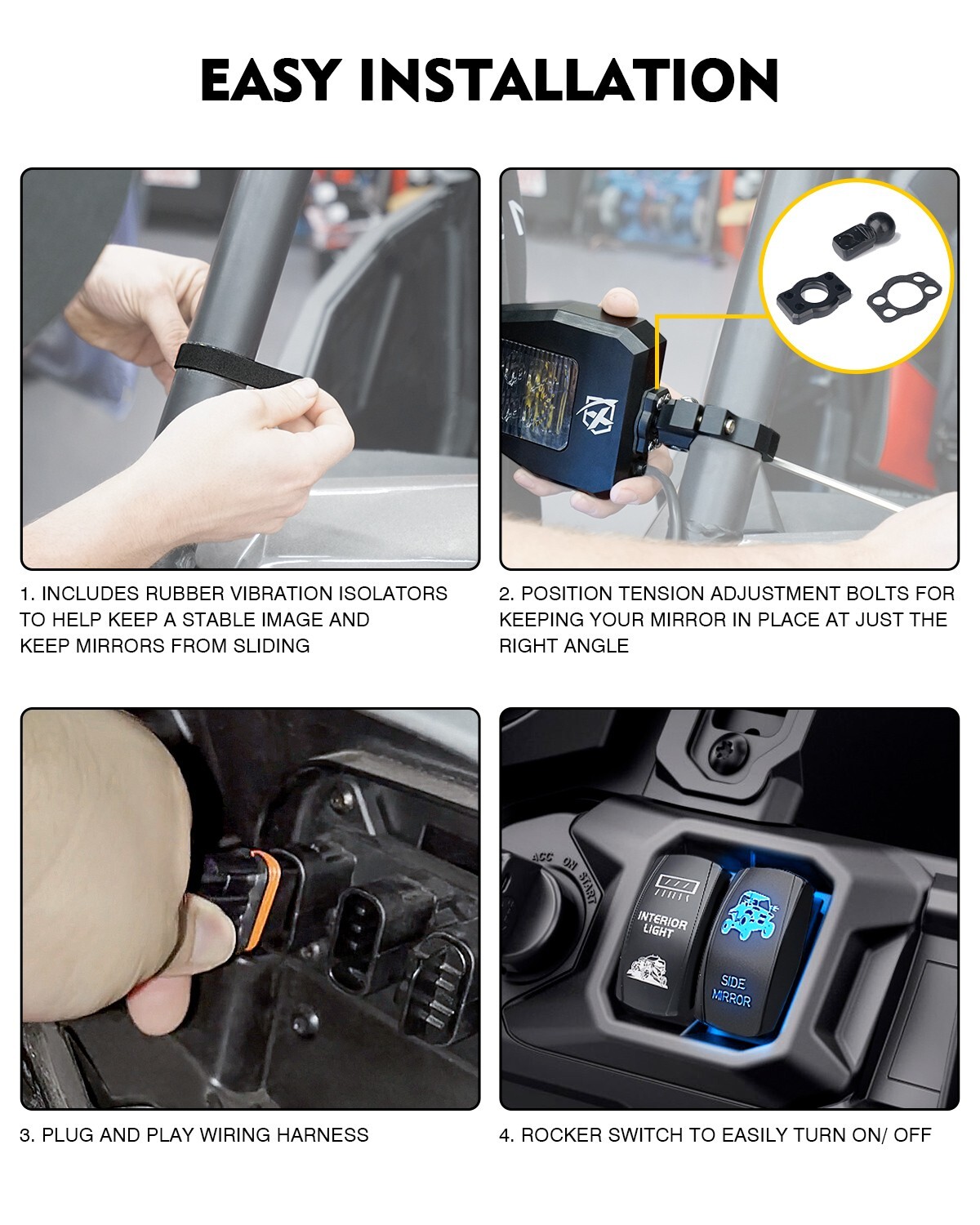 UTV Rear View Side Mirrors w/ Light for Polaris RZR Can-Am Maverick X3 1.6"-2"