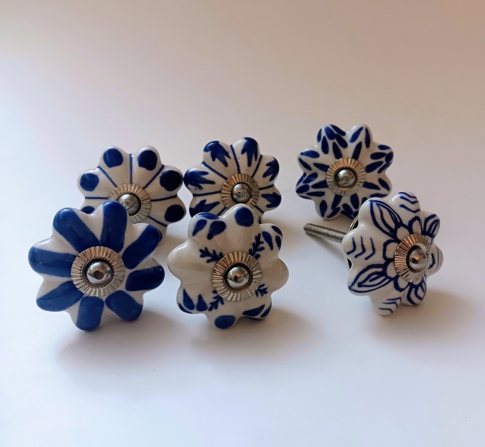6 Porcelain Ceramic Blue & White Drawer Cabinet Door Knobs Handle Pulls 2"