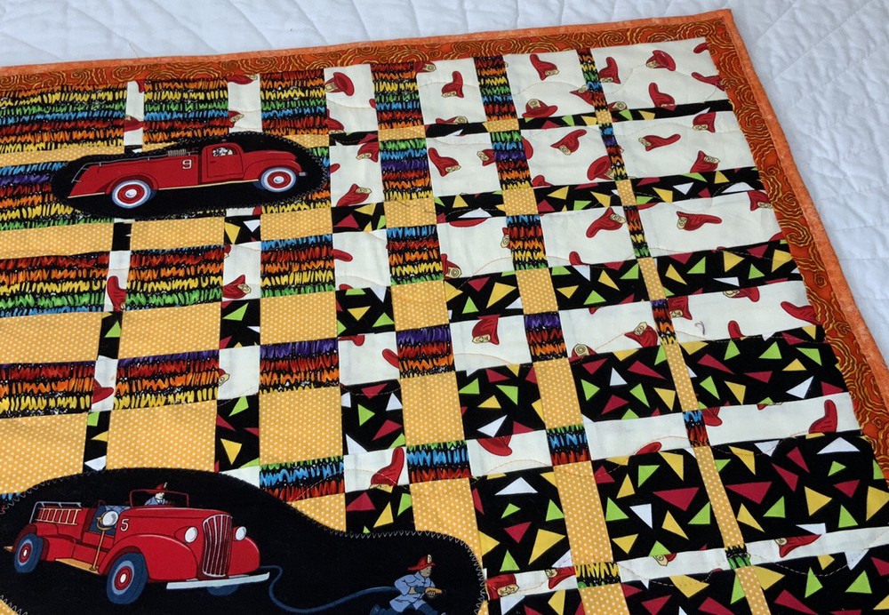 Patchwork Quilt Wall Hanging, Rectangles, Contemporary Prints, Fire Trucks