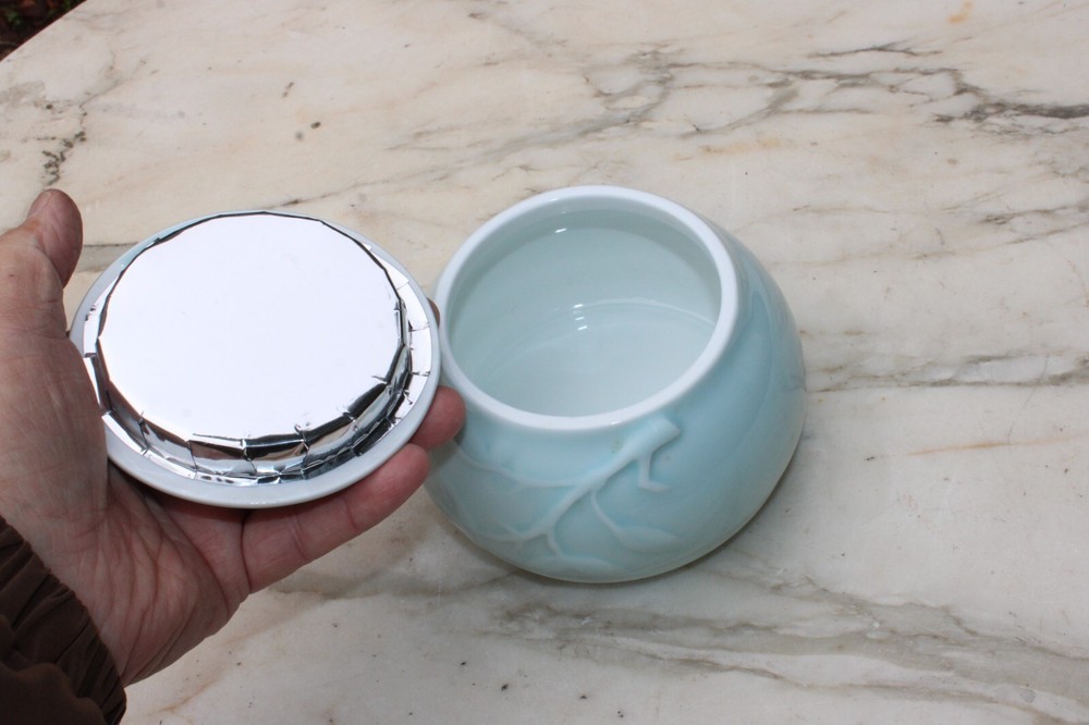 Ceramic Light Blue Pet Urn with Embossed Vines
