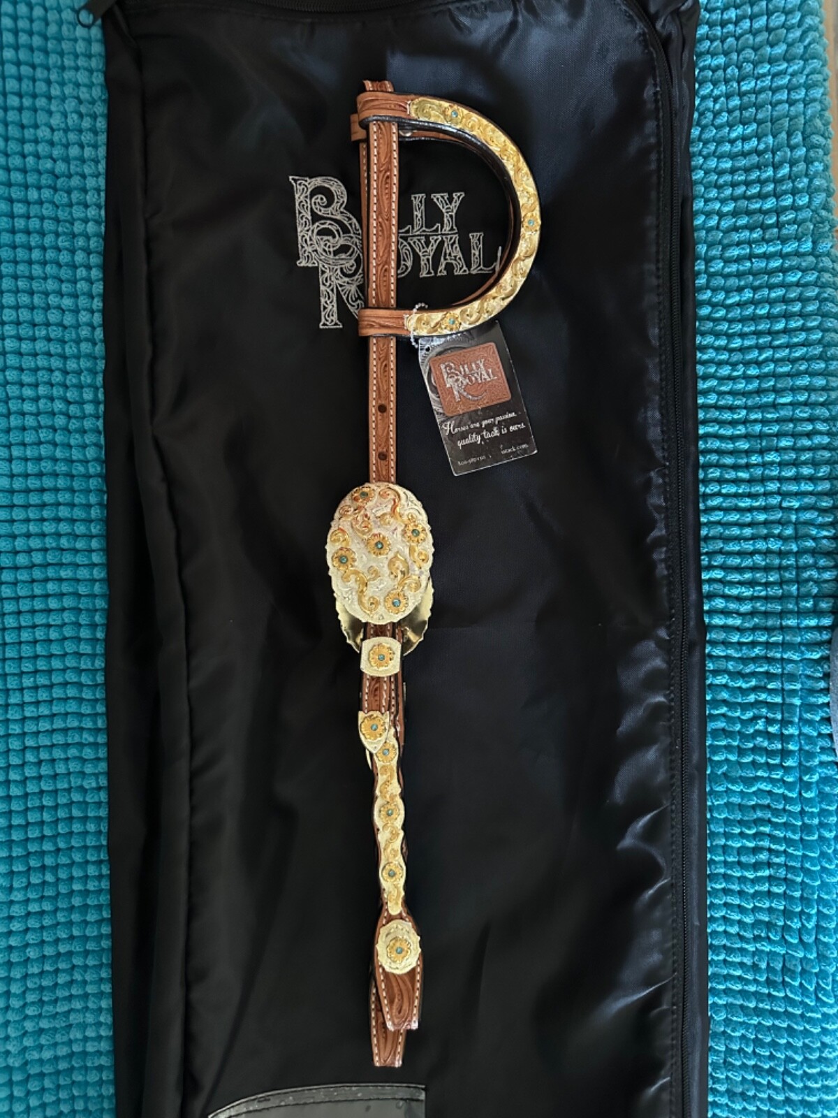 BILLY ROYAL Headstall GOLD & SILVER w Blue CRYSTALS ~ Close Up Pictures