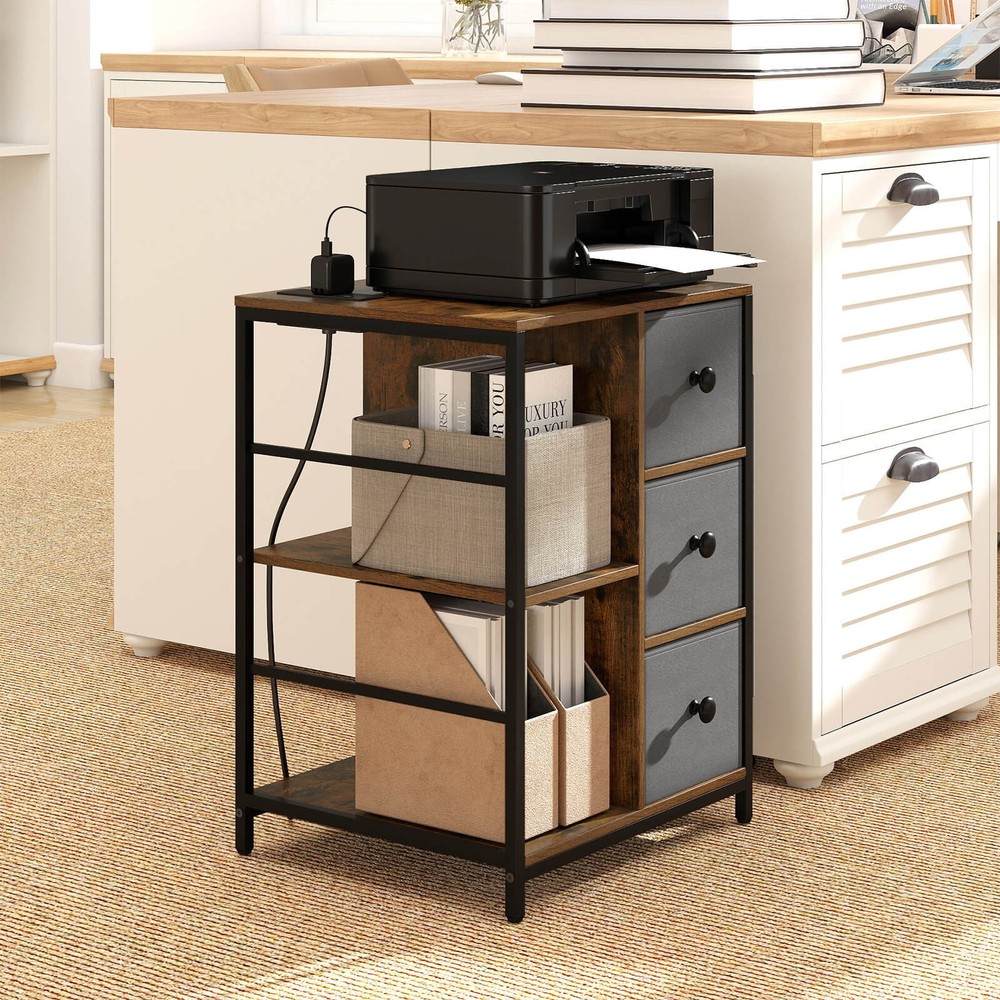2PCS Nightstand 3-Tier Storage End Table Bedside Table w/Charging Station &