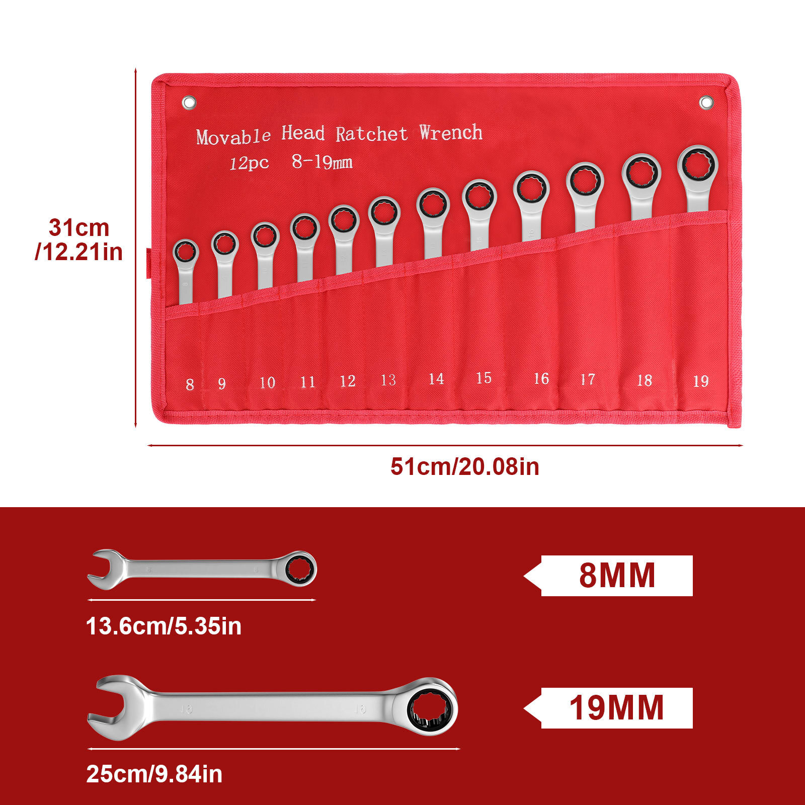 12Pc 8-19mm Metric Fixed Head Ratcheting Wrench Combination Spanner Tool Set