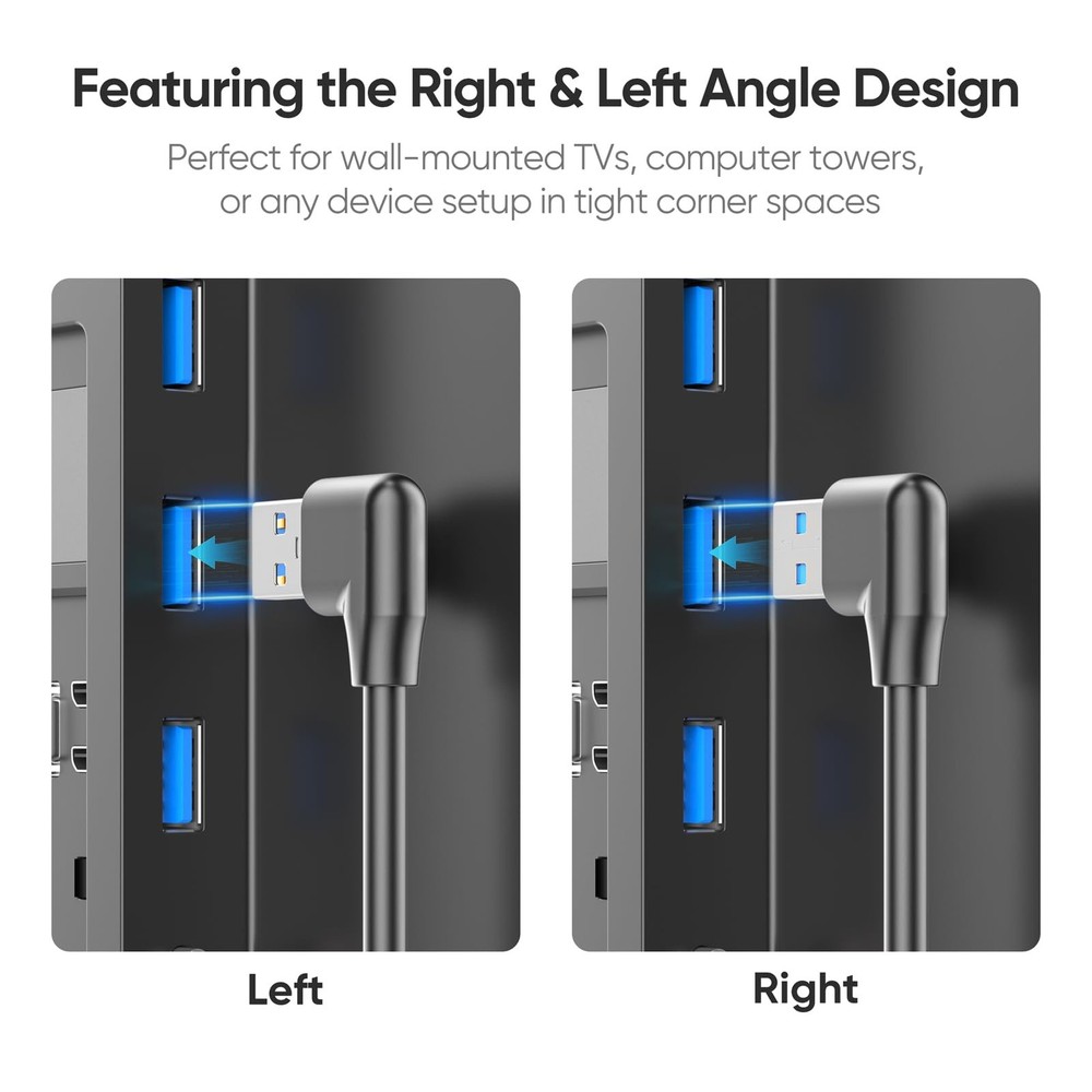 JasRoum Short USB Extension Cable Right Angle & Left 5Gbps Data A 8 inch