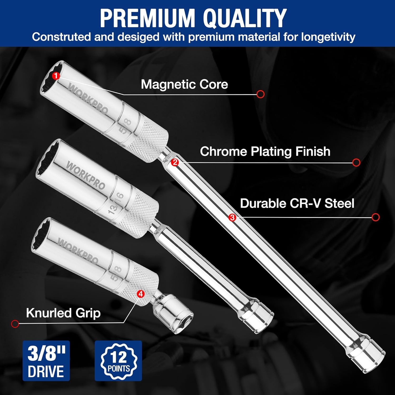 WORKPRO 7 PCS 3/8" Drive Magnetic Swivel Spark Plug Socket Set Thin Wall Sockets