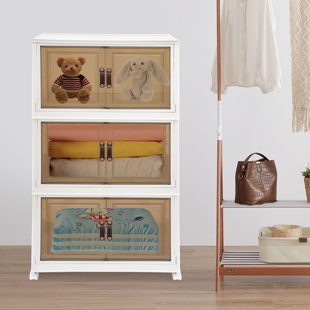 3PCS Foldable Stackable Storage Cabinets with Wheels White 25.59*16.54*43.5in US