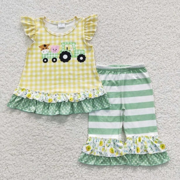 NEW Boutique Farm Tractor Ruffle Tunic Girls Outfit Set