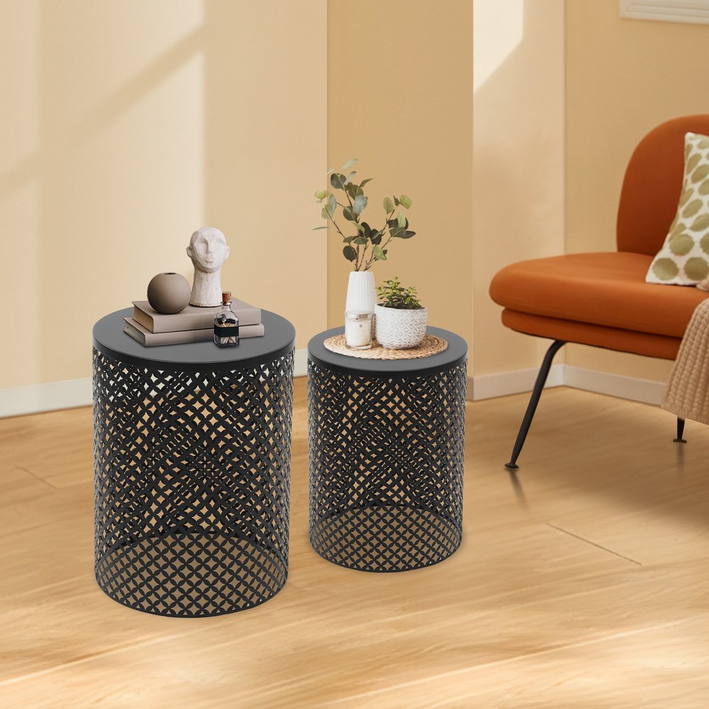 2 Pack Metal Frame Outdoor Accent Tables - Modern Side Table Set