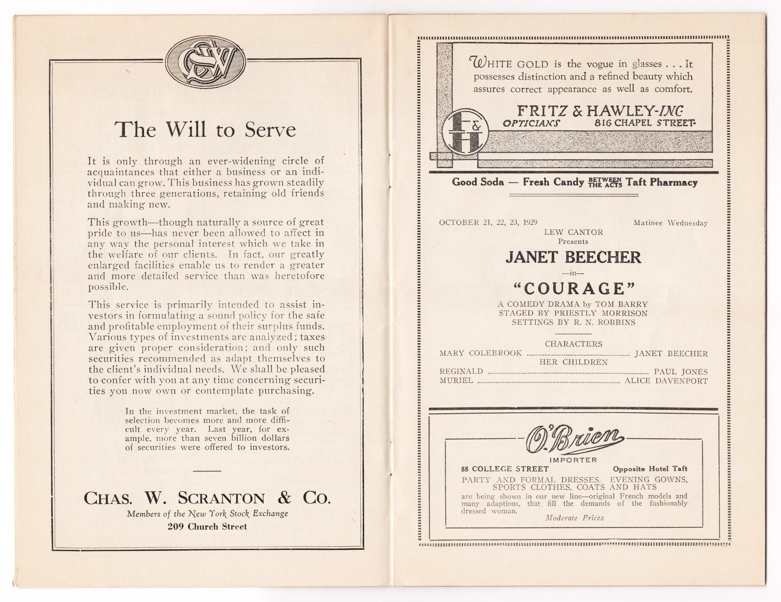 Janet Beecher in "COURAGE" and the ISADORA DUNCAN DANCERS 1929 New Haven Program
