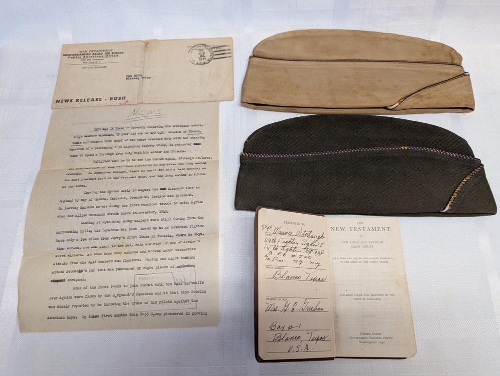 1940s USAAF 14th FG 49th FS P-38 Mechanic’s Lot GI Bible Garrison Caps Blanco TX