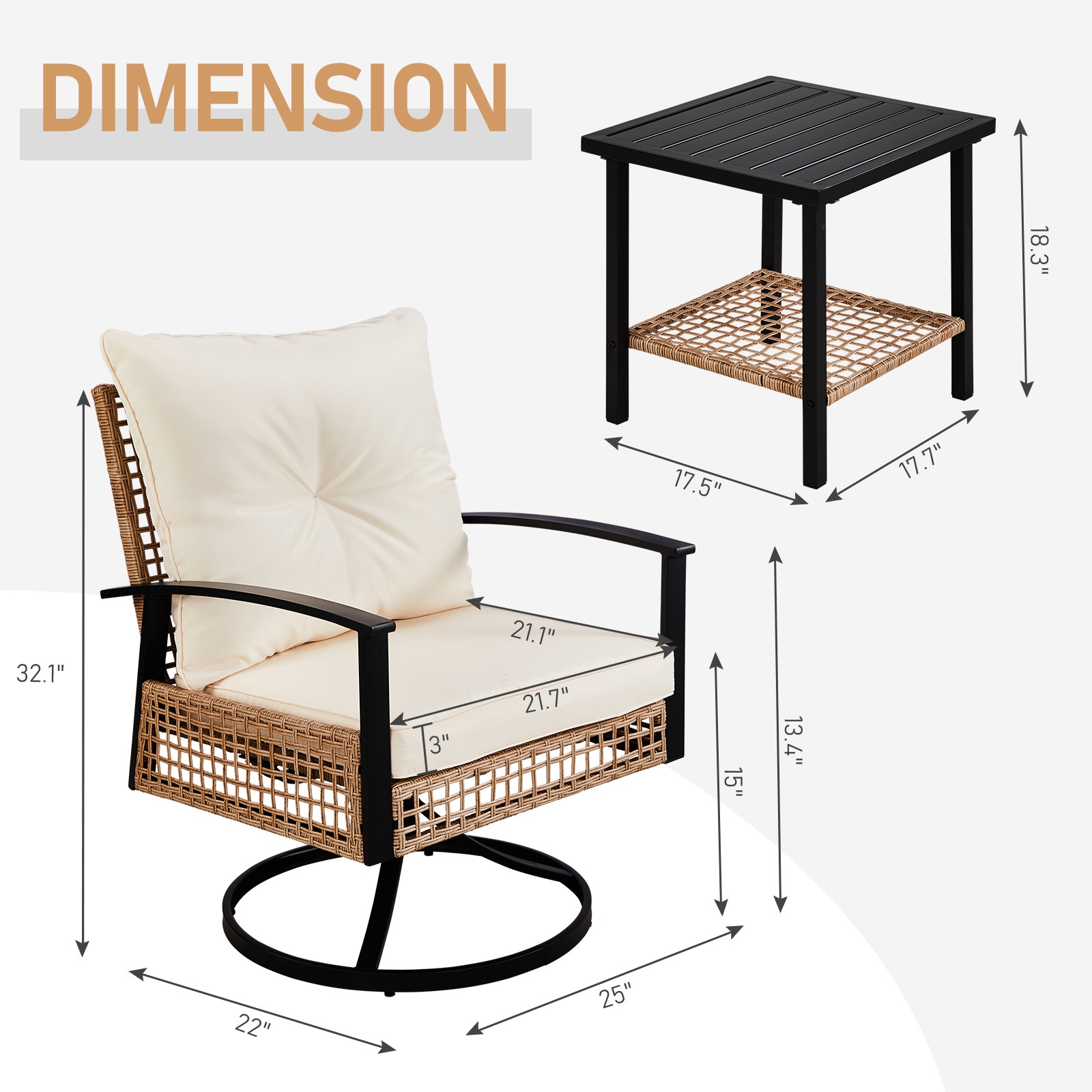 Set of 3 In/Outdoor Garden Swivel Rocker Patio Chairs and Table 360 Degrees