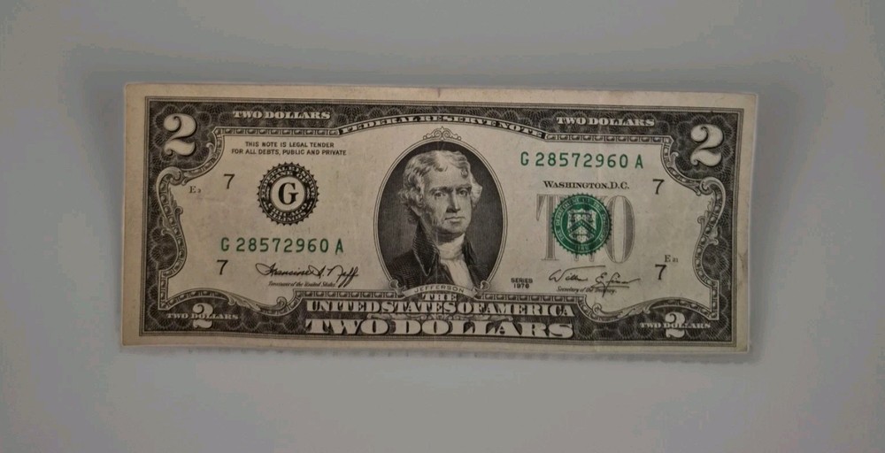 Miscut 1976 $2 Jefferson Bill - GA Block Error Note Misaligned Avg Condition