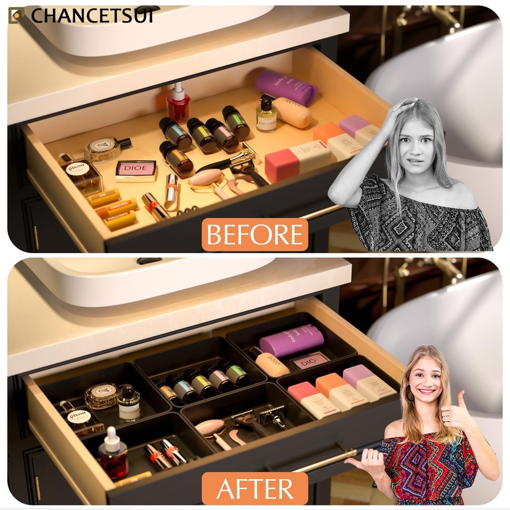 CHANCETSUI Black Stackable Vanity Organizer Trays: Thick Makeup Holder for Co...