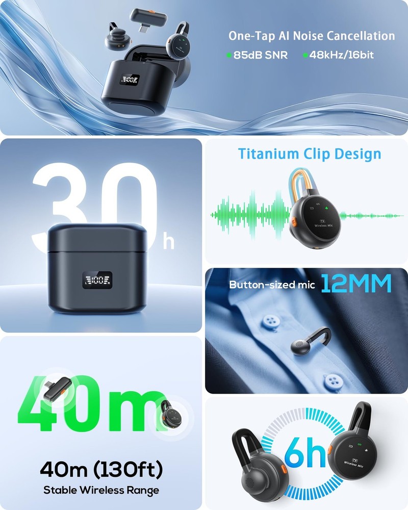 Wireless Lavalier Microphone for iPhone, iPad, Android - USB-C Small, Black